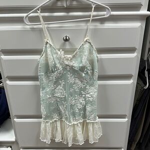 In Bloom Elegant Lace Trimmed Camisole in Mint and Cream